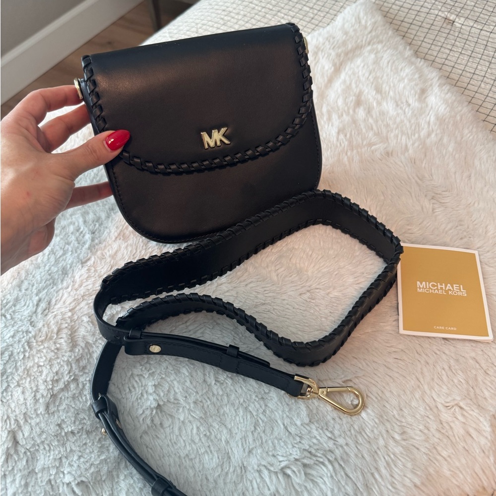 Michael Kors Black Leather Crossbody Bag with Gold Logo
